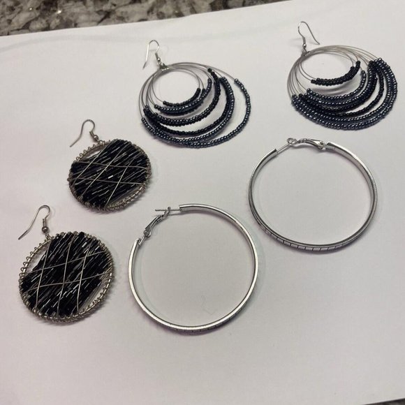 Jewelry - Lot Of 3 Silver Tone Costume Earrings Pierced Dangle / Hoop